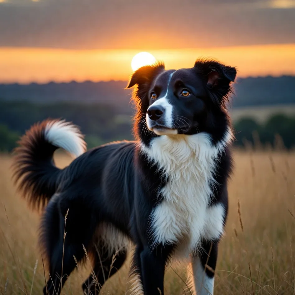 Illustration of a black and white border collie standing in tall grass at sunset