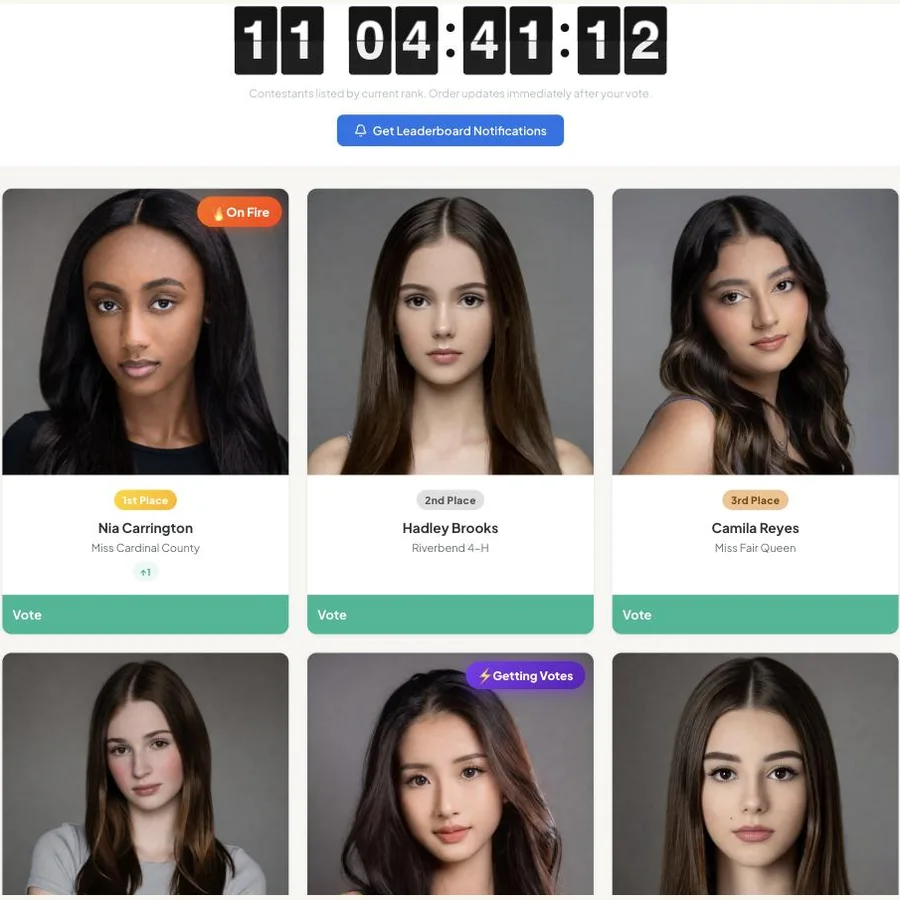 Photo cards layout: a grid of contestant photo cards with place badges and vote buttons