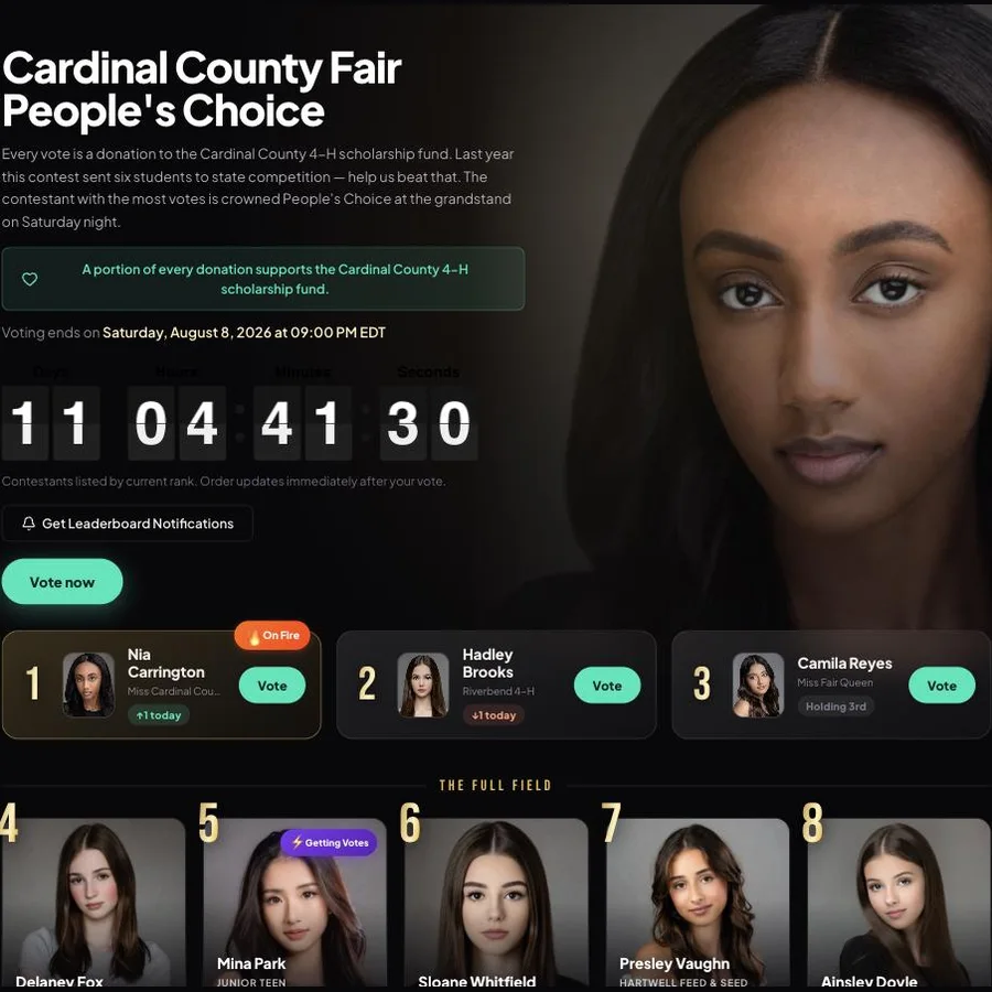 Showtime layout: a dark voting page with the leader spotlit behind the contest title, a countdown clock, and the top three as cards