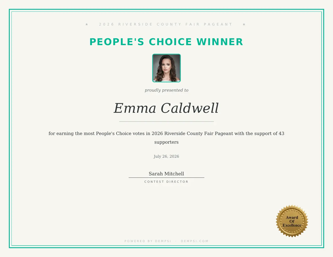 Sample Dempsi People's Choice winner certificate